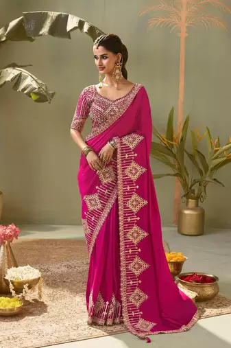 pink premium bamber silk blend embroidered saree  and gota patti work with blouse