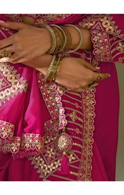 pink premium bamber silk blend embroidered saree and gota patti work with blouse 2