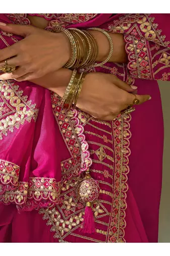 pink premium bamber silk blend embroidered saree and gota patti work with blouse