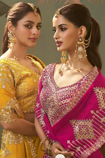pink premium bamber silk blend embroidered saree and gota patti work with blouse