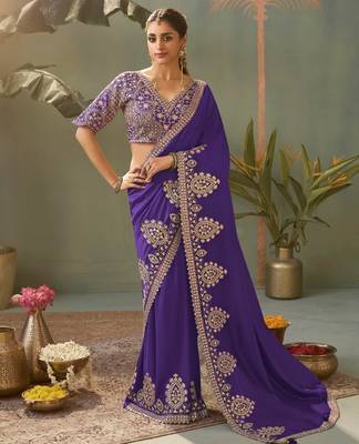 purple premium bamber silk blend embroidered saree and gota patti work with blouse 1