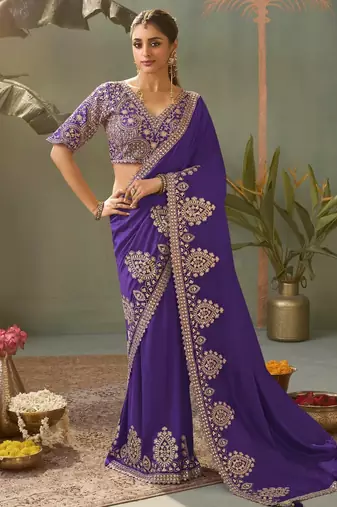 purple premium bamber silk blend embroidered saree  and gota patti work with blouse