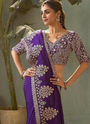 purple premium bamber silk blend embroidered saree and gota patti work with blouse 2