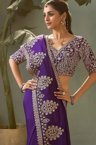 purple premium bamber silk blend embroidered saree and gota patti work with blouse