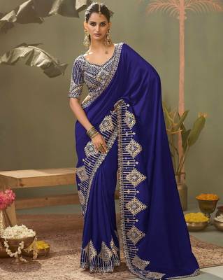 blue premium bamber silk blend embroidered saree and gota patti work with blouse 1