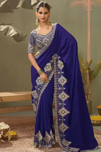 blue premium bamber silk blend embroidered saree  and gota patti work with blouse