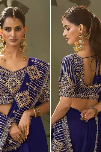 blue premium bamber silk blend embroidered saree and gota patti work with blouse