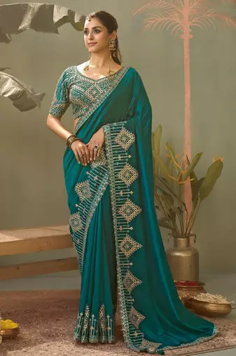 ramagreen premium bamber silk blend embroidered saree  and gota patti work with blouse