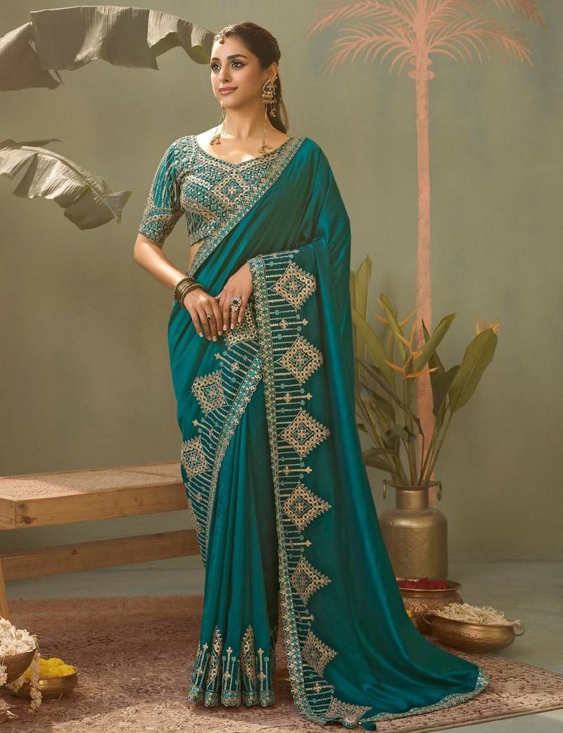 ramagreen premium bamber silk blend embroidered saree  and gota patti work with blouse