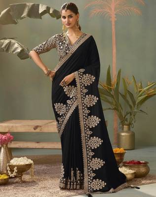 black premium bamber silk blend embroidered saree and gota patti work with blouse 1