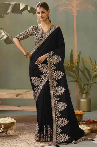 black premium bamber silk blend embroidered saree  and gota patti work with blouse