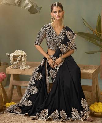 black premium bamber silk blend embroidered saree and gota patti work with blouse 2