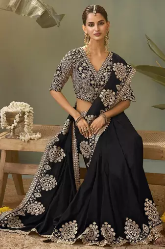 black premium bamber silk blend embroidered saree and gota patti work with blouse