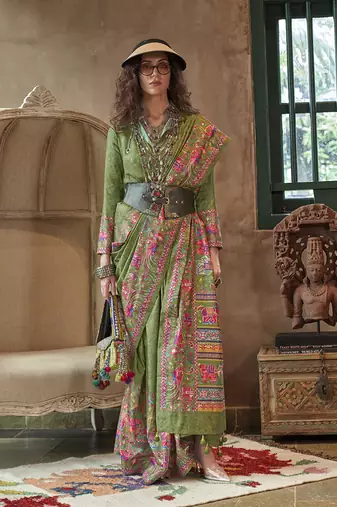 Green silk blend printed ceremonial saree