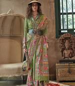 Green silk blend printed ceremonial saree