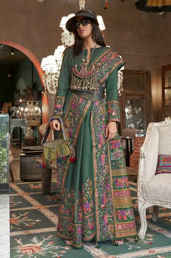 Dark green silk blend printed ceremonial saree