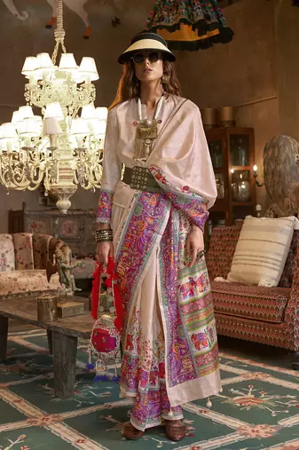 Beige silk blend printed ceremonial saree
