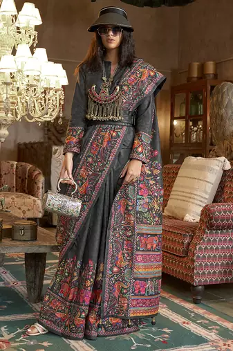 Black silk blend printed ceremonial saree