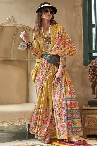 Mustard silk blend printed ceremonial saree