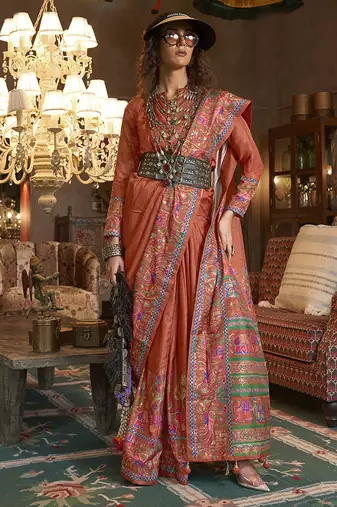 Peach silk blend printed ceremonial saree