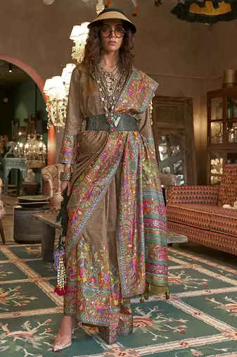 Brown silk blend printed ceremonial saree
