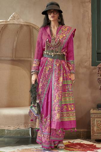 Rani pink silk blend printed ceremonial saree