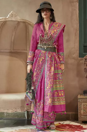 Rani pink silk blend printed ceremonial saree