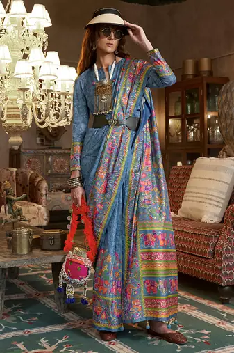 Aqua blue silk blend printed ceremonial saree