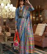 Aqua blue silk blend printed ceremonial saree
