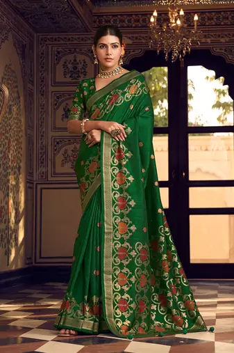 Dark green silk blend banarasi zari work classic saree