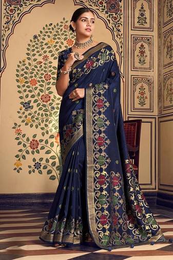 Navy blue silk blend banarasi zari work classic saree