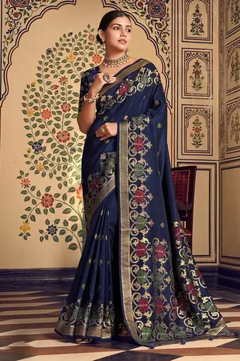 Navy blue silk blend banarasi zari work classic saree
