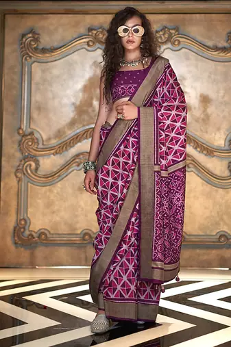 magenta double ikat silk blend foil printed saree