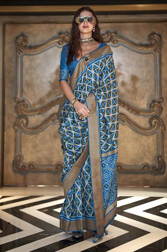 aqua blue double ikat silk blend foil printed saree
