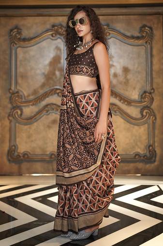 brown double ikat silk blend foil printed saree