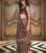 brown double ikat silk blend foil printed saree