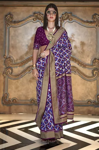 purple double ikat silk blend foil printed saree