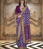 purple double ikat silk blend foil printed saree