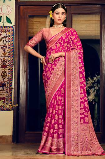 Rani pink georgette with weaving buta border pallu classic saree