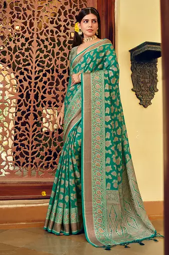 Turquoise georgette with weaving buta border pallu classic saree