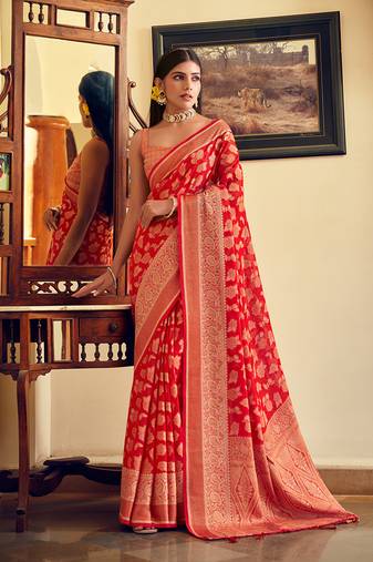 Red georgette with weaving buta border pallu classic saree