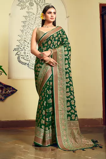 Green georgette with weaving buta border pallu classic saree