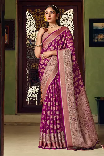 Purple georgette with weaving buta border pallu classic saree