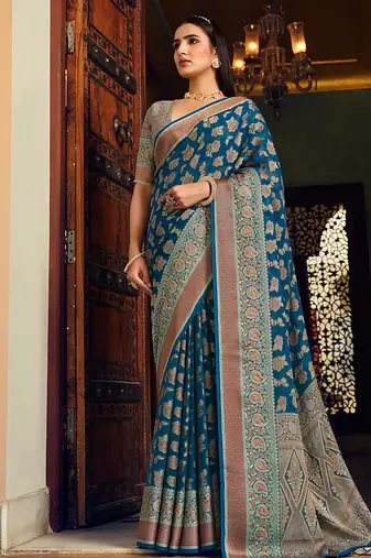 Blue georgette with weaving buta border pallu classic saree