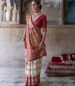 Silk blend cream and red patola print classic festival wear saree
