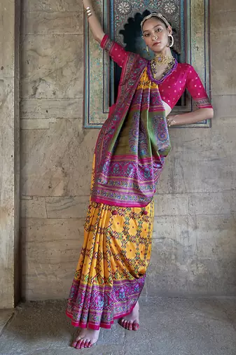 Silk blend yellow and hot pink patola print classic festival wear saree