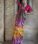 Silk blend yellow and hot pink patola print classic festival wear saree