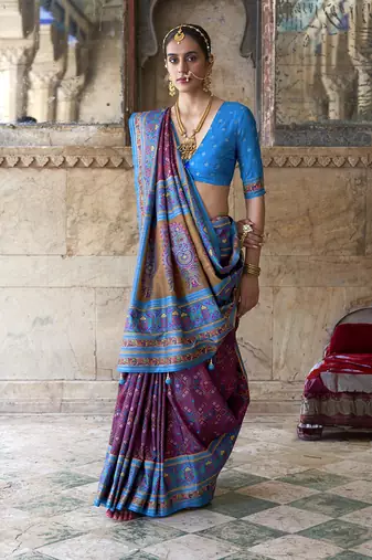 Silk blend purple and aqua blue patola print classic festival wear saree