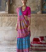 Silk blend aqua blue and pink patola print classic festival wear saree