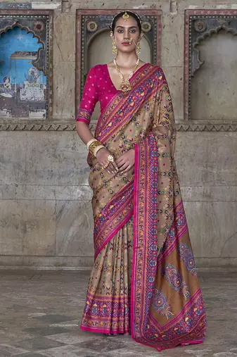 Silk blend beige and pink patola print classic festival wear saree